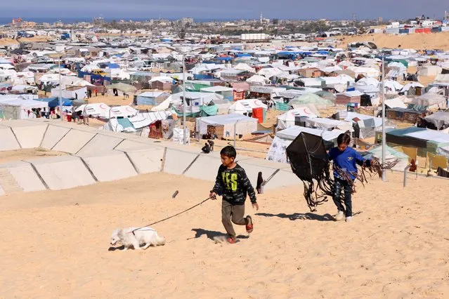 Children walk with a dog, as displaced Palestinians, who fled their houses due to Israeli strikes, take shelter in a tent camp, amid the ongoing conflict between Israel and the Palestinian Islamist group Hamas, at the border with Egypt, in Rafah in the southern Gaza Strip on February 8, 2024. (Photo by Saleh Salem/Reuters)