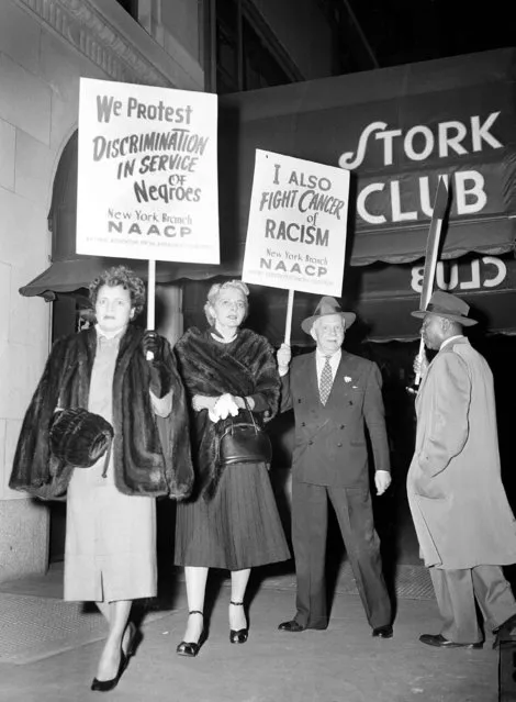 A protest picket line organized by the New York branch of the National Association for the Advancement of Colored People, parades in front of the Stork Club in New York, October 22, 1951. From left,  Bessie Buchanan, personal secretary to actress Josephine Baker; Laura Hobson, author of “Gentleman's Agreement”, and Walter White, executive secretary of the NAACP. The NAACP alleges Miss Baker and party were refused food service at the club on Oct. 16. France is inducting Missouri-born cabaret dancer Josephine Baker, who was also a French World War II spy and civil rights activist – into its Pantheon. She is the first Black woman honored in the final resting place of France’s most revered luminaries. On the surface, it’s a powerful message against racism, bt by choosing a U.S.-born figure – entertainer Josephine Baker – critics say France is continuing a long tradition of decrying racism abroad while obscuring it at home. (Photo by Marty Lederhandler/AP Photo/File)