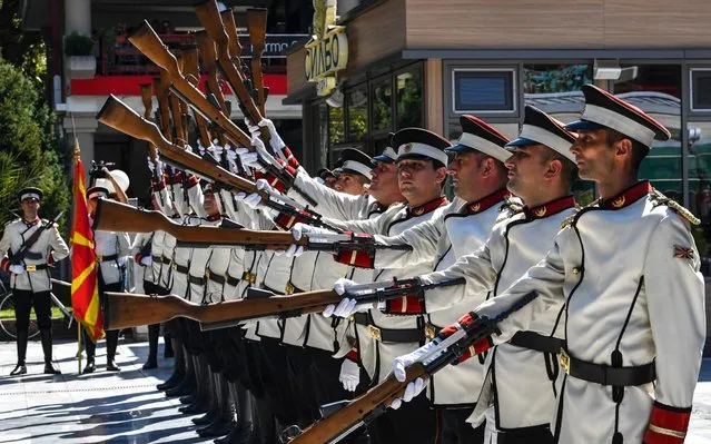 Members of the Macedonian army guard of honor perform in Skopje, North Macedonia, 18 September 2019. Macedonian and Croatian army guard of honor show their skills in joint exercise in the capital Skopje. (Photo by Georgi Licovski/EPA/EFE)