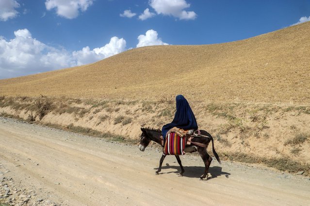 An Afghan burqa-clad woman rides a donkey along a hill road in Argo district of Badakhshan province on July 11, 2024. (Photo by Omer Abrar/AFP Photo)