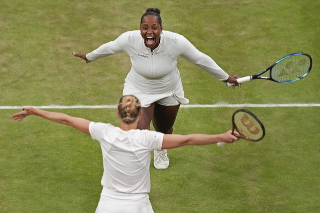 Taylor Townsend, top, of the United States and Katerina Siniakova of the Czech Republic and celebrate after defeating Gabriela Dabrowski of Canada and Erin Routliffe of New Zealand in the women's doubles final at the Wimbledon tennis championships in London, Saturday, July 13, 2024. (Photo by Kirsty Wigglesworth/AP Photo)