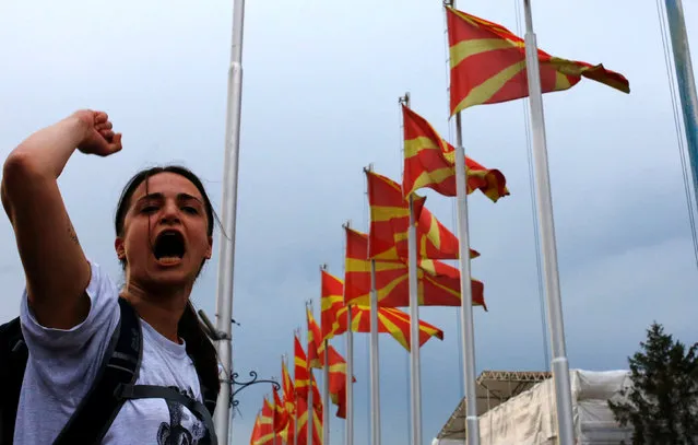 A protester shouts anti government slogans during a protest against the government, in front a government building in Skopje, Macedonia, June 6, 2016. (Photo by Ognen Teofilovski/Reuters)