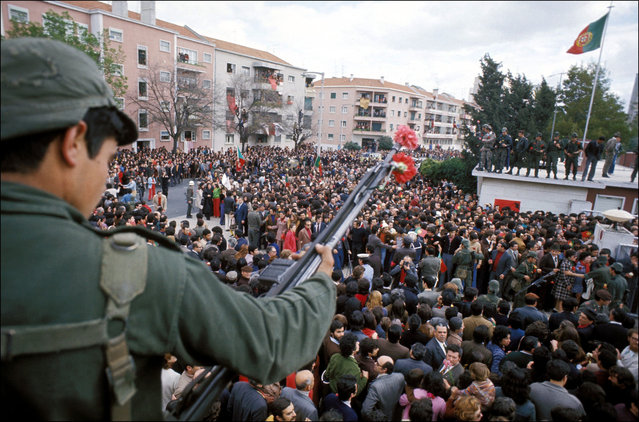 A scene from the “Carnation Revolution”, the mostly peaceful coup that took place in Lisbon, Portugal, on April 25, 1974. Military officers overthrew a dictatorial government that had ruled for decades, setting the stage for democratic rule. .(Photo by Jean-Claude Francolon/Gamma-Rapho via Getty Images)