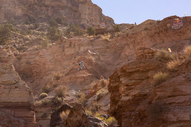 Tom Isted of the United Kingdom performs a canyon gap during his run at Red Bull Rampage on October 12, 2024 in Virgin, Utah. (Photo by Sara Kempner/Getty Images)