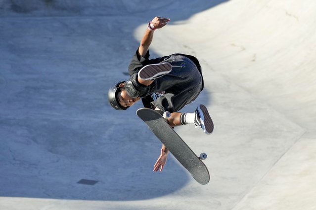 Taiyo Amano of Japan in action during the men quarterfinals at the Park Skateboarding Worlds, in Rome, Friday, September 20, 2024. (Photo by Andrew Medichini/AP Photo)