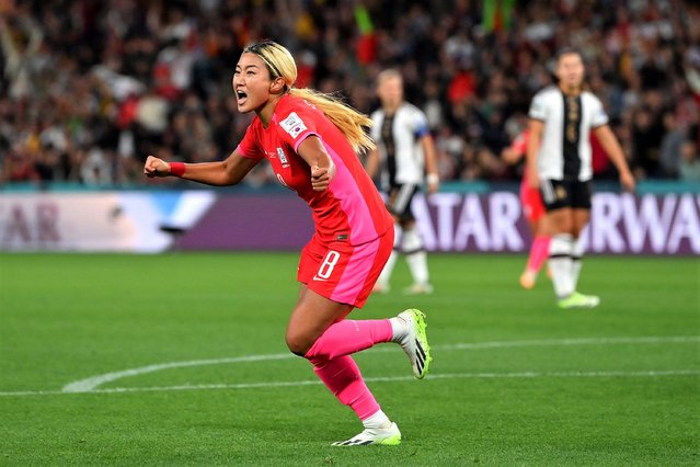 Cho Sohyun of Korea Republic celebrates after scoring her team's first goal during the FIFA Women's World Cup Australia & New Zealand 2023 Group H match between South Korea and Germany at Brisbane Stadium on August 03, 2023 in Brisbane, Australia. (Photo by Justin Setterfield/Getty Images)