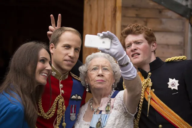 “The Duke and Duchess of Cambridge”, “The Queen” and “Prince Harry” outside the Summerhall arts venue in Edinburgh, Scotland, where their creator Alison Jackson is holding a live performance of her work called La Trashiata. (Photo by James Glossop/The Times/SIPA Press/News Syndication)