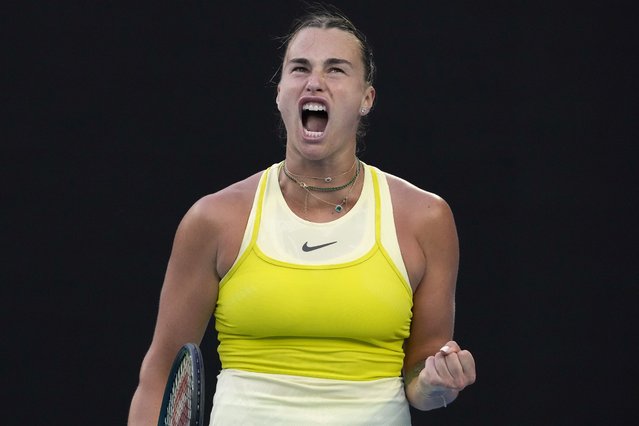 Aryna Sabalenka of Belarus reacts during her quarterfinal match against Anastasia Pavlyuchenkova of Russia during their quarterfinal match at the Australian Open tennis championship in Melbourne, Australia, Tuesday, January 21, 2025. (Phoot by Manish Swarup/AP Photo)