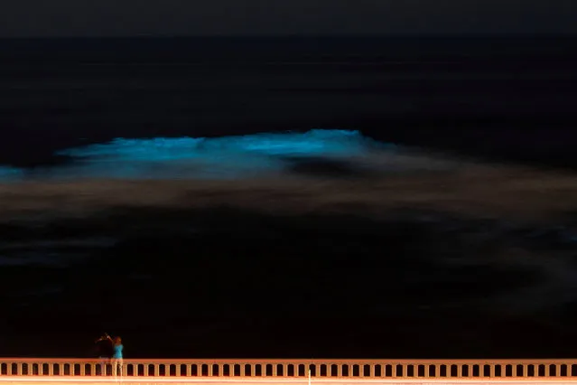 People watch from a bridge as bioluminescence from an algae bloom in the ocean lights up the breaking waves during the outbreak of the coronavirus disease (COVID-19) at Cardiff State Beach in Encinitas, California, U.S., May 4, 2020. (Photo by Mike Blake/Reuters)