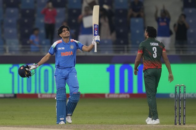 India's Shubman Gill celebrates after scoring a century during the ICC Champions Trophy cricket match between India and Bangladesh at Dubai International Cricket Stadium in Dubai, United Arab Emirates, Thursday, February 20, 2025. (Photo by Altaf Qadri/AP Photo)
