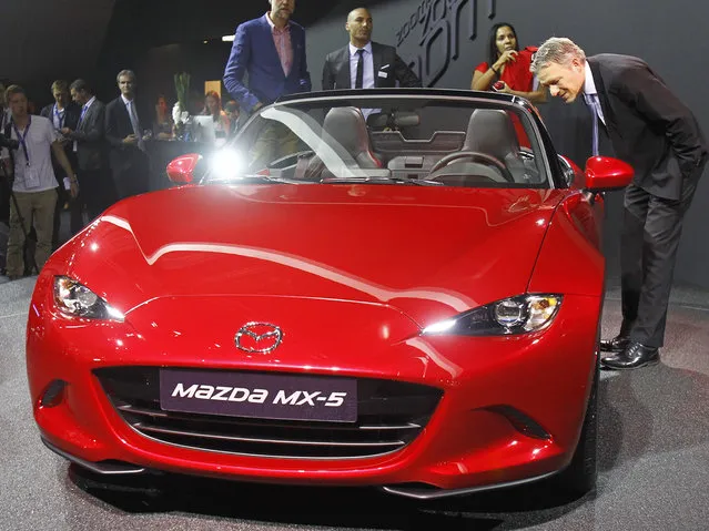 A Mazda MX5 is presented at the Paris Motor Show, in Paris, Thursday October 2, 2014. (Photo by Remy de la Mauviniere/AP Photo)