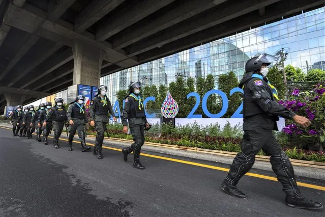 Police patrol near the venue of the Asia-Pacific Economic Cooperation (APEC) in Bangkok, Thailand, in Bangkok, Thailand, Wednesday, November 16, 2022. Leaders from the 21-member Asia-Pacific Economic Cooperation forum begin a two-day summit in Thailand’s capital on Friday with a crowded backdrop of issues to contend with: the war in Ukraine, great power rivalry in Asia, and the global crises of food and energy shortages, inflation and supply chain disruptions. (Photo by Anupam Nath/AP Photo)