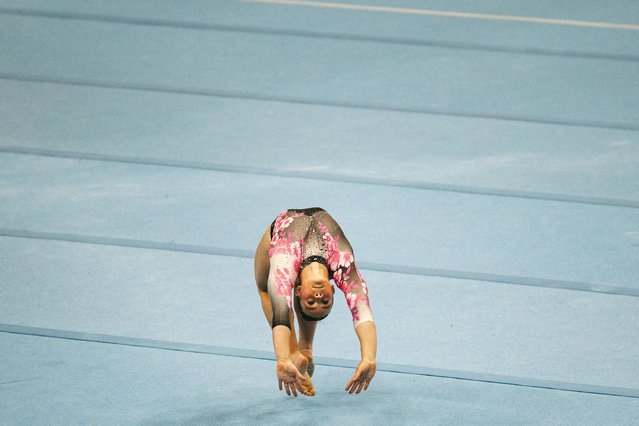 Caroline Moreau competes on the floor exercise at the 2025 Xfinity US Gymnastics Championships – Junior Women at Smoothie King Center on August 10, 2025 in New Orleans, Louisiana. (Photo by Alicia Malnati/Getty Images/AFP Photo)