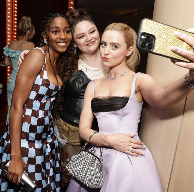 American actors Ayo Edibiri, Megan Stalter, and Kathryn Newton pose for a quick selfie backstage at the 2023 SAG Awards on Sunday, February 26, 2023, at the Fairmont Century Plaza in Los Angeles. (Photo by Todd Williamson/Shutterstock for SAG Awards)