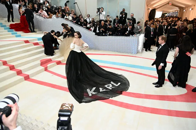 American actress Lily Collins attends The 2023 Met Gala Celebrating “Karl Lagerfeld: A Line Of Beauty” at The Metropolitan Museum of Art on May 01, 2023 in New York City. (Photo by Noam Galai/GA/The Hollywood Reporter via Getty Images)