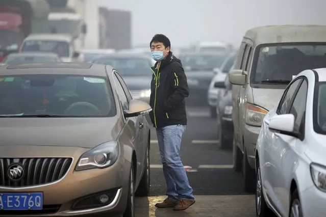 A driver wears a mask between vehicles stranded on a highway between Beijing and Hebei province, China, that is closed due to smog on an extremely polluted day November 30, 2015. (Photo by Damir Sagolj/Reuters)