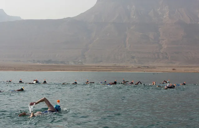 Environmental activists take part in “The Dead Sea Swim Challenge”, swimming from the Jordanian to Israeli shore, to draw attention to the ecological threats facing the Dead Sea, in Kibbutz Ein Gedi, Israel November 15, 2016. (Photo by Nir Elias/Reuters)