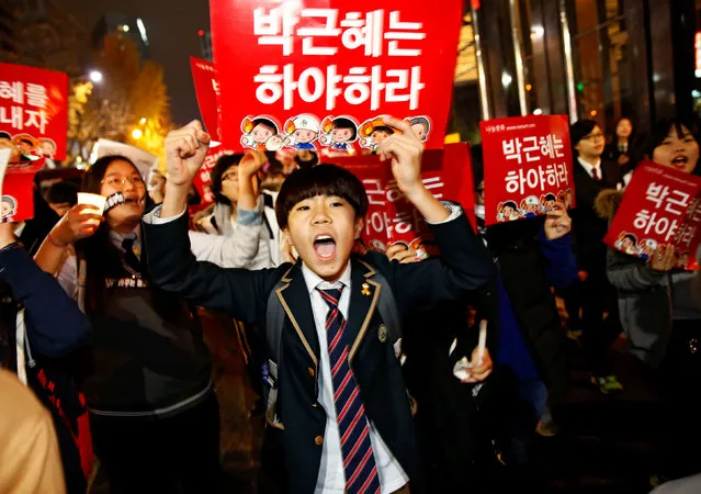 A middle school student shouts slogans at a protest calling South Korean President Park Geun-hye to step down in Seoul, South Korea, November 19, 2016. (Photo by Kim Hong-Ji/Reuters)