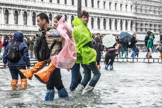 High water in Venice in several areas of the city, also during the Venice Marathon, on 28 October 2018 in Venice, Italy. (Photo by Giacomo Cosua/NurPhoto via Getty Images)