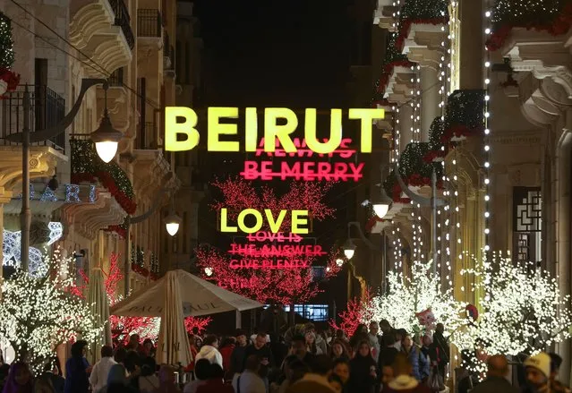 A sign reading “Beirut” is seen among Christmas decorations in downtown Beirut, Lebanon on December 26, 2023. (Photo by Aziz Taher/Reuters)