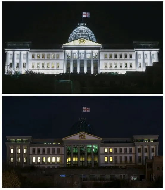 A combination photograph shows Georgia's Presidential Palace before (top) and during (bottom) Earth Hour in Tbilisi, Georgia, March 19, 2016. (Photo by David Mdzinarishvili/Reuters)