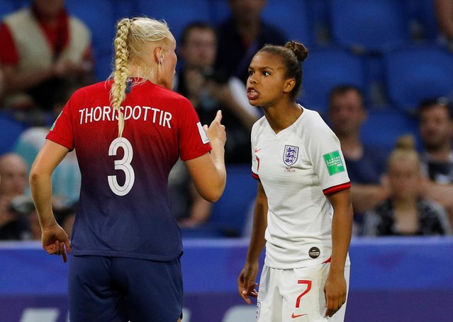 Nikita Parris of England and Maria Thorisdottir of Norway during the 2019 FIFA Women's World Cup France Quarter Final match between Norway and England at Stade Oceane on June 27, 2019 in Le Havre, France. (Photo by Phil Noble/Reuters)