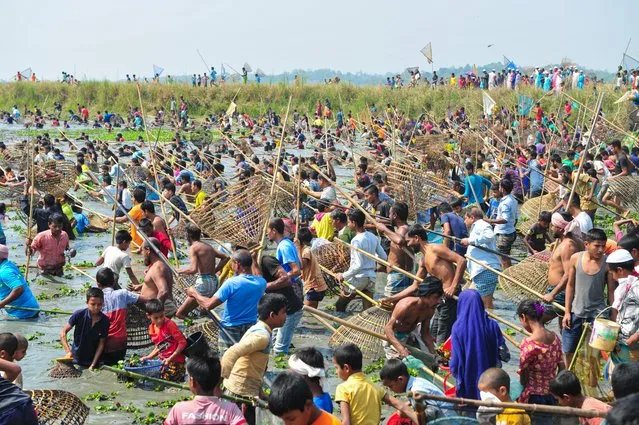 Villagers from Haripur and Balipara, Bangladesh gather together on March 8, 2022 at the 200-year-old Polo Bawa festival with their traditional fishing nets and ‘polo’ made of bamboo and cane, at a beel (wetland) in the Bangla calendar month of Falgun. (Photo by Md Rafayat Haque Khan/Zuma Press Wire/Rex Features/Shutterstock)