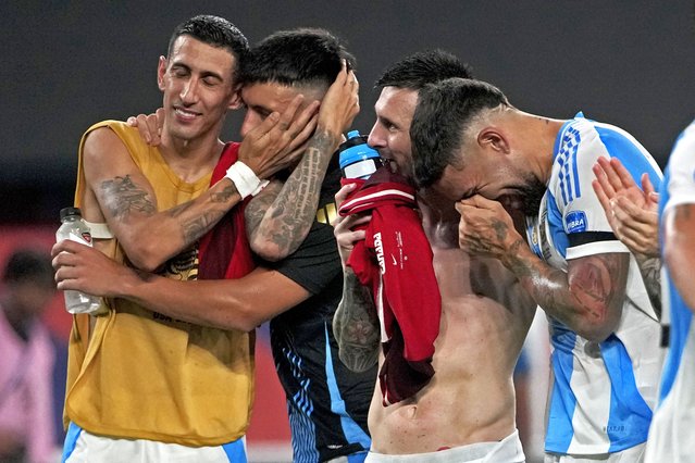 From left: Argentina's Angel Di Maria, Enzo Fernandez, Lionel Messi and Nicolás Otamendi celebrate after defeating Canada 2-0 in a Copa America semifinal soccer match in East Rutherford, N.J., Tuesday, July 9, 2024. (Photo by Pamela Smith/AP Photo)