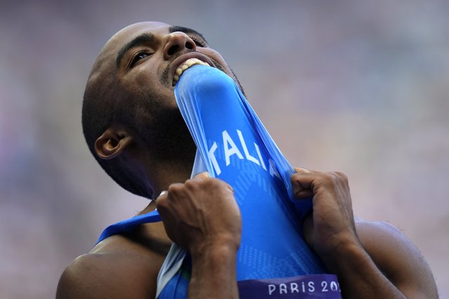 Diego Aldo Pettorossi, of Italy, reacts after his men's 200-meters repechage at the 2024 Summer Olympics, Tuesday, August 6, 2024, in Saint-Denis, France. (Photo by/Petr David Josek/AP Phot)