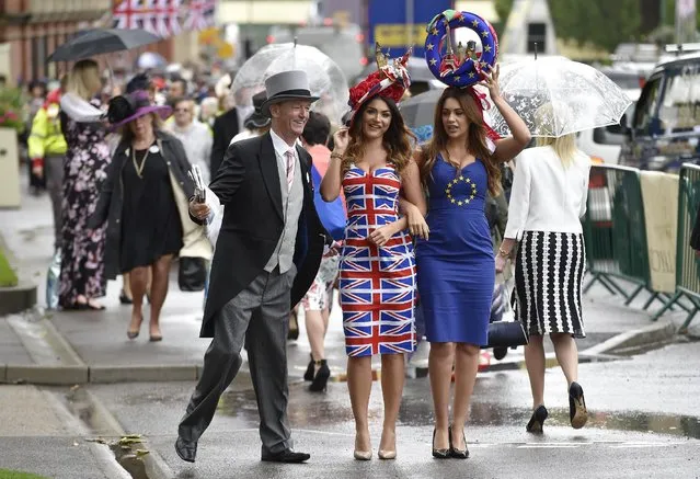 Britain Horse Racing, Royal Ascot, Ascot Racecourse on June 14, 2016. Racegoers in Britain and EU referendum themed dresses. (Photo by Toby Melville/Reuters/Livepic)