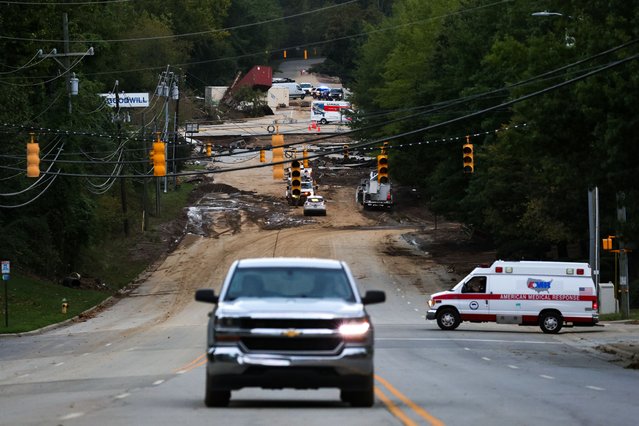 Storm damage from Hurricane Helene is seen in Asheville, North Carolina on October 1, 2024. (Photo by Bryan Olin Dozier/NurPhoto/Rex Features/Shutterstock)