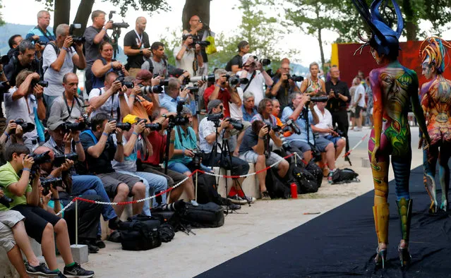 A model poses for photographers during the World Bodypainting Festival in Poertschach, Austria, July 1, 2016. (Photo by Heinz-Peter Bader/Reuters)