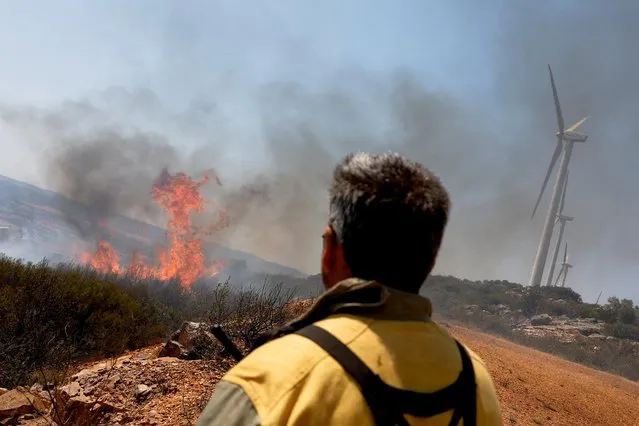 A firefighter stands near a wildfire as Spain experiences its second heatwave of the year, in Faramontanos de Tabara, Spain, July 19, 2022. (Photo by Borja Suarez/Reuters)
