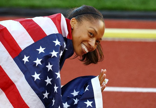 Allyson Felix of the U.S. celebrate after winning bronze in the 4x400m Mixed Relay Final on day one of the World Athletics Championships Oregon22 at Hayward Field on July 15, 2022 in Eugene, Oregon. (Photo by Brian Snyder/Reuters)
