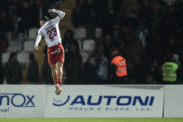AVS player Gustavo Mendonca celebrates after scoring the 2-2 goal during the Portuguese First League soccer match between AVS Futebol against Sporting CP, in Vila das Aves, Portugal, 23 February 2025. (Photo by Manuel Fernando Araujo/EPA)