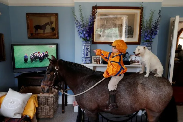 Merlin Coles 3, watches the horse racing from Royal Ascot on TV at his home, whilst sat on his horse Mr Glitter Sparkles with his dog Mistress, in Bere Regis, Dorset, Britain on June 17, 2020, as racing resumed behind closed doors after the outbreak of the coronavirus disease. (Photo by Paul Childs/Reuters)
