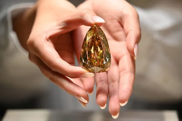 A representative from Sotheby's Hong Kong holds up the Golden Canary diamond in Hong Kong on November 15, 2022. The Golden Canary diamond (303.10 Carats) is expected to fetch at least US$ 15 Million at Sotheby's New York this December. (Photo by Peter Parks/AFP Photo)