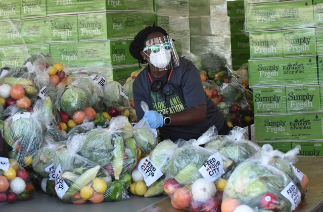 A volunteer prepares bags of produce for the Feed Your City Challenge tour, which travels to areas most affected most by the coronavirus in Miami, Florida on August 8, 2020. (Photo by Michele Eve Sandberg/Rex Features/Shutterstock)