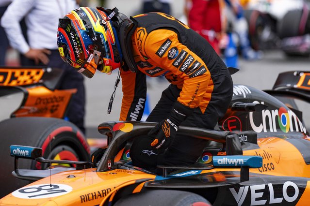McLaren driver Oscar Piastri of Australia gets out of his car after winning the pole position at the end of the qualifying session for the Formula One Grand Prix of Spain at the Barcelona-Catalunya Circuit, in Montmelo, Barcelona, Spain, 31 May 2025. (Photo by Siu Wu/EPA/EFE)