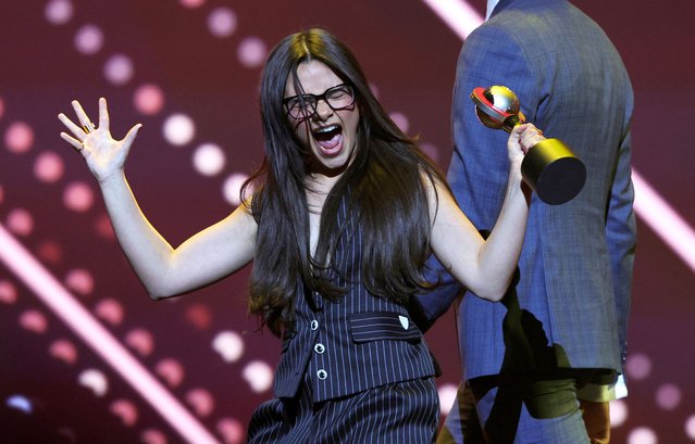 American actress Ariana Greenblatt, recipient of the Rising Star award, reacts as she leaves the stage during the CinemaCon Big Screen Achievement Awards at CinemaCon, the official convention of the National Association of Theatre Owners, in Las Vegas, Nevada on April 12, 2024. (Photo by Steve Marcus/Reuters)