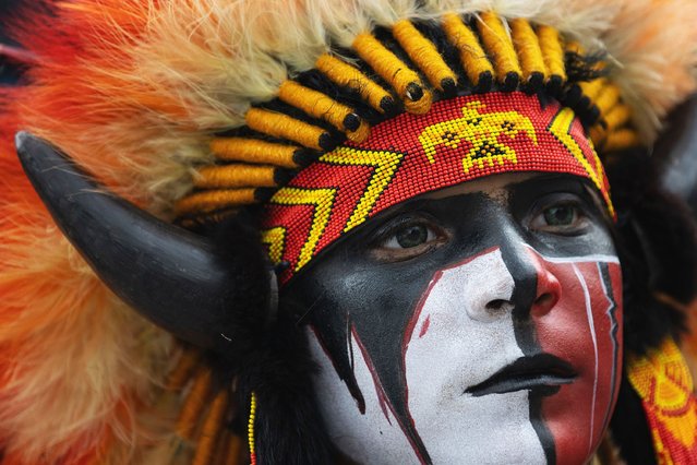 A woman participates in the Matlachines (Steps of Faith, Roots of Identity) parade held annually during the Saltillo International Arts Festival Steps Of Faith, Roots Of Identity Matlachinada Saltillo 2025, in Coahuila, Mexico on July 20, 2025. (Photo by Antonio Ojeda/ZUMA Press Wire/Rex Features/Shutterstock)