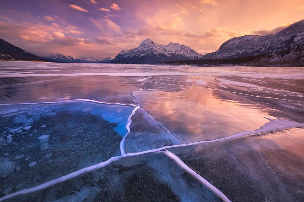 Ice Bubbles Create Picturesque Scene at the Foot of the Rocky Mountains