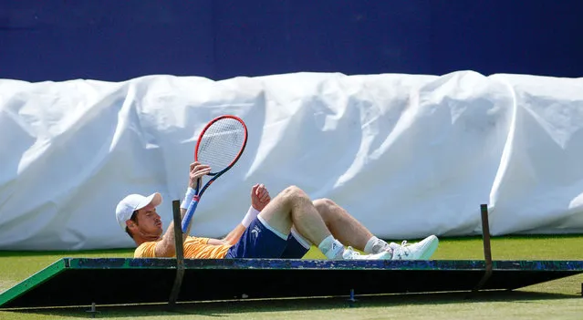 Great Britain's Andy Murray slides into Surbiton Tennis/Lexus Advertising board was unhurt during his 1st round match Lexus Surbiton Trophy, Tennis, Day 2 at Surbiton Racket & Fitness Club in London, UK on June 5, 2023. (Photo by Dave Shopland/Rex Features/Shutterstock)