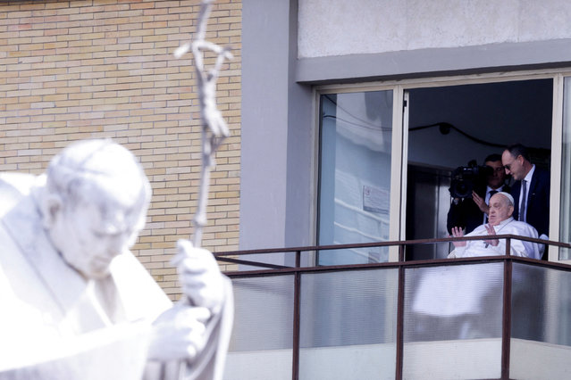 Pope Francis makes his first public appearance in five weeks, on the day he is set to be discharged from Gemelli Hospital, in Rome, Italy, on March 23, 2025. (Photo by Remo Casilli/Reuters)