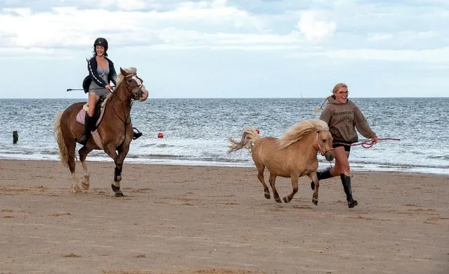 Ponies at the Frinton-on-Sea beach in Essex, UK on Monday evening, July 17, 2023; Emily James with Shetland pony called Prada and Mia Turner riding pony Fendi. (Photo by Kevin Jay/Picture Exclusive)