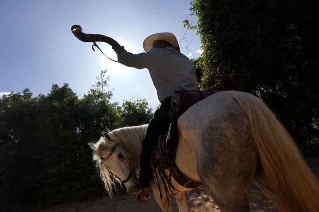 A mounted rider plays a Berrante, an ox horn musical instrument, during a parade culminating the religious tradition, “Folia do Divino Espirito Santo” or Feast of the Divine, in the rural area of Pirenopolis, state of Goias, Brazil, Sunday, May 29, 2022. Celebrated in the period of Pentecost, Christian residents celebrate on what they believe is the coming of the Holy Spirit on the apostles of Jesus Christ. (Photo by Eraldo Peres/AP Photo)