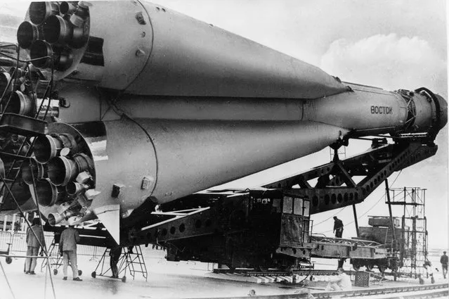 This undated picture shows a Russian Vostok rocket on its launcher. It was the Soviet Union's own giant leap for mankind – one that would spur a humiliated America to race for the moon. It happened on Tuesday, April 12, 1961 when an air force pilot named Yuri Gagarin, traveling in a Vostok, became the first human in space. (Photo by AP Photo/File)