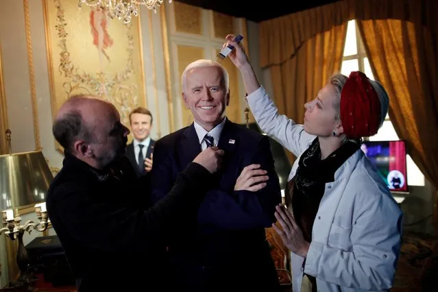 German sculptor Claus Velte and a gallery assistant retouch a waxwork of U.S. President Joe Biden at the Grevin museum, as it prepares to re-open to the public following the easing of coronavirus disease (COVID-19) restrictions in Paris, France, May 18, 2021. (Photo by Benoit Tessier/Reuters)