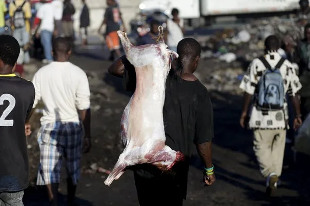 A butcher carries a butchered goat at La Saline slaughterhouse in Port-au-Prince, Haiti, April 4, 2015. (Photo by Andres Martinez Casares/Reuters)
