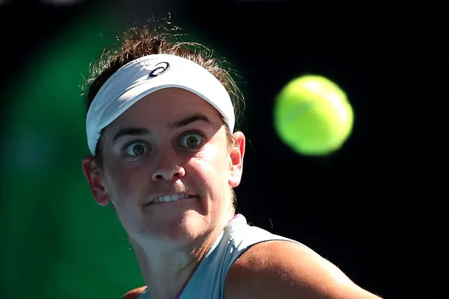 Jennifer Brady of the United States hits a backhand against Karolina Muchova of the Czech Republic in the semi-finals of the woman's singles, during day 11 of the 2021 Australian Open at Melbourne Park on February 18, 2021 in Melbourne, Australia. (Photo by Asanka Brendon Ratnayake/Reuters)